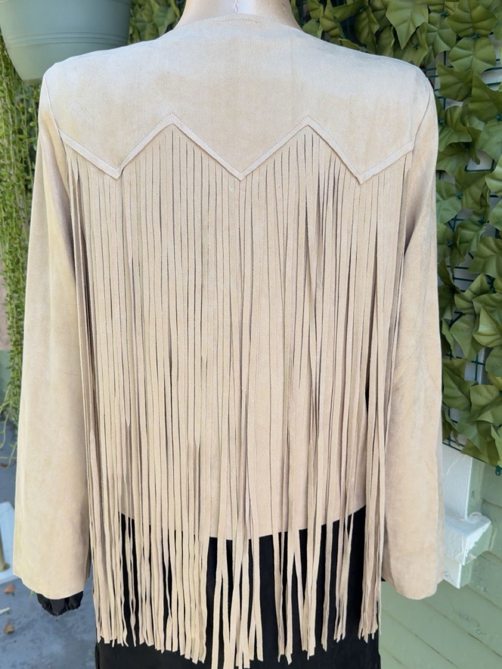Vocal Fringed Suede-Style Open Front Jacket - Taupe - Picture 3 of 3